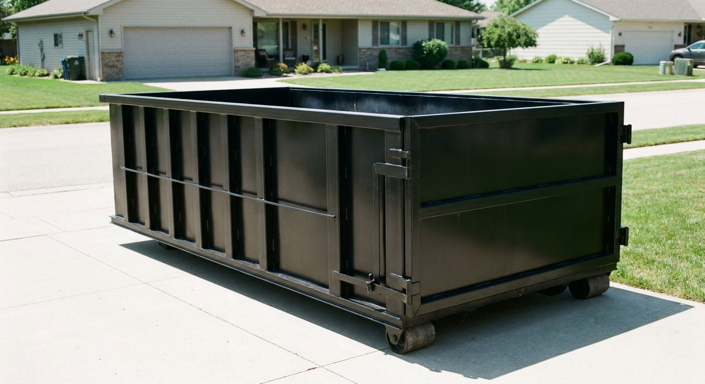 Matte-black 10-yard roll-off dumpster on a residential concrete driveway in Melbourne, uniformly painted matte black across every panel and rail, ribbed steel sidewalls and rear swing door visible, mid-day daylight.