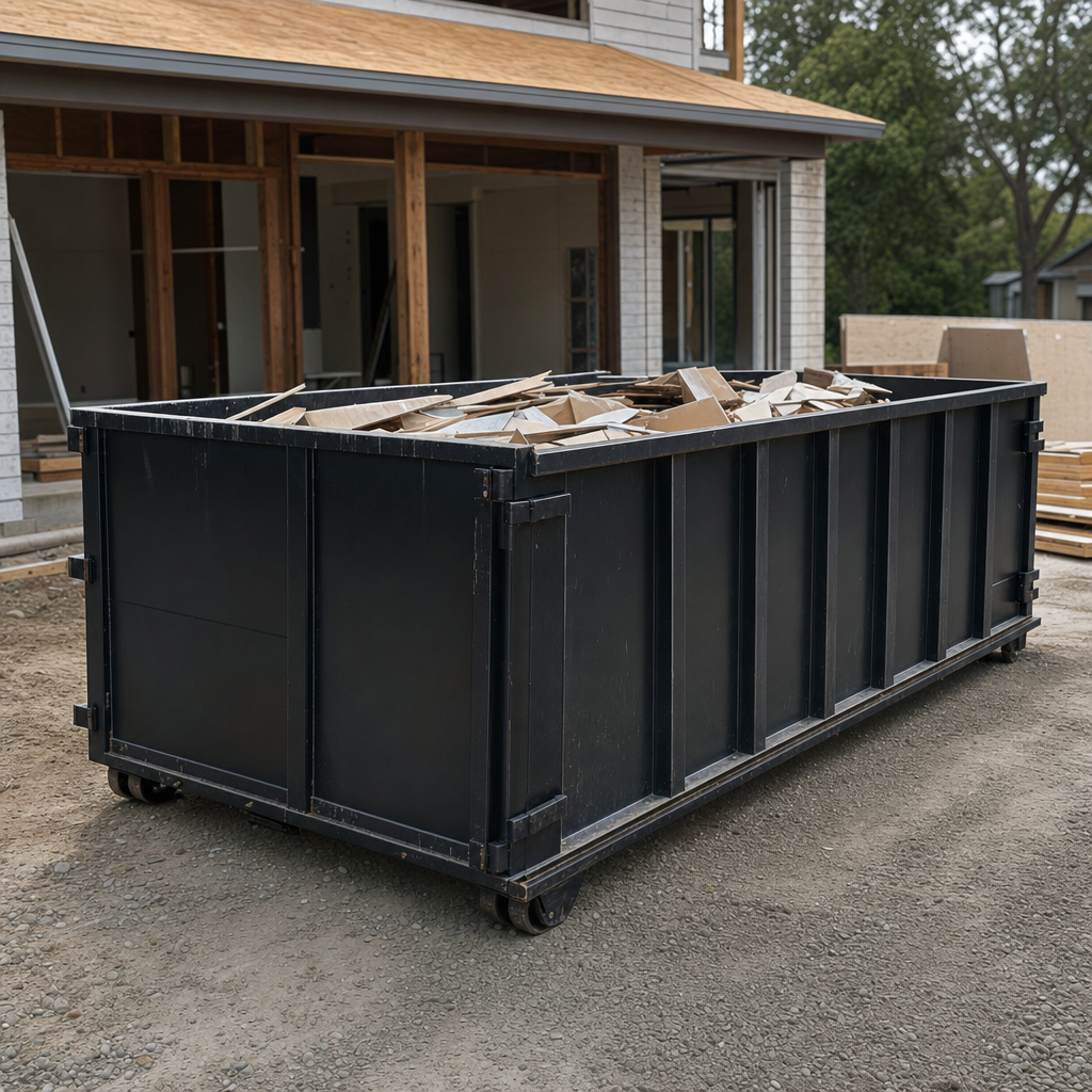 Large matte-black 30-yard construction roll-off dumpster at an active Melbourne jobsite, steel-gray top rails and bottom rollers visible, loaded with construction debris.