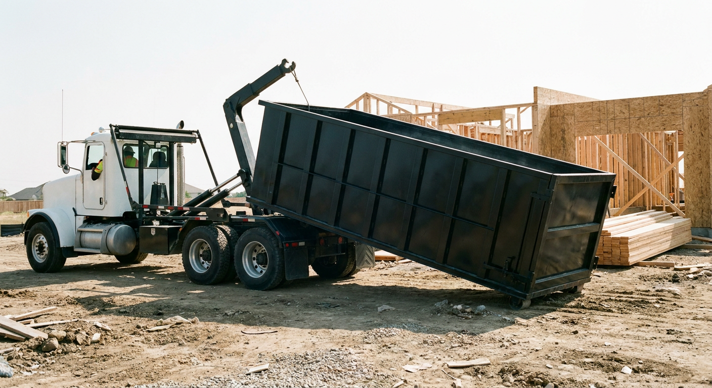 Matte-black roll-off dumpster being delivered onto a clean residential concrete driveway in Melbourne by an unmarked white hooklift hauler truck, bright morning daylight, documentary 35mm perspective.